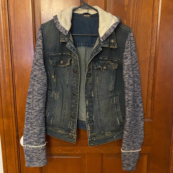 Free People Jackets & Blazers - Free People Distress Jean Jacket Knit Sleeves Removable Hood
